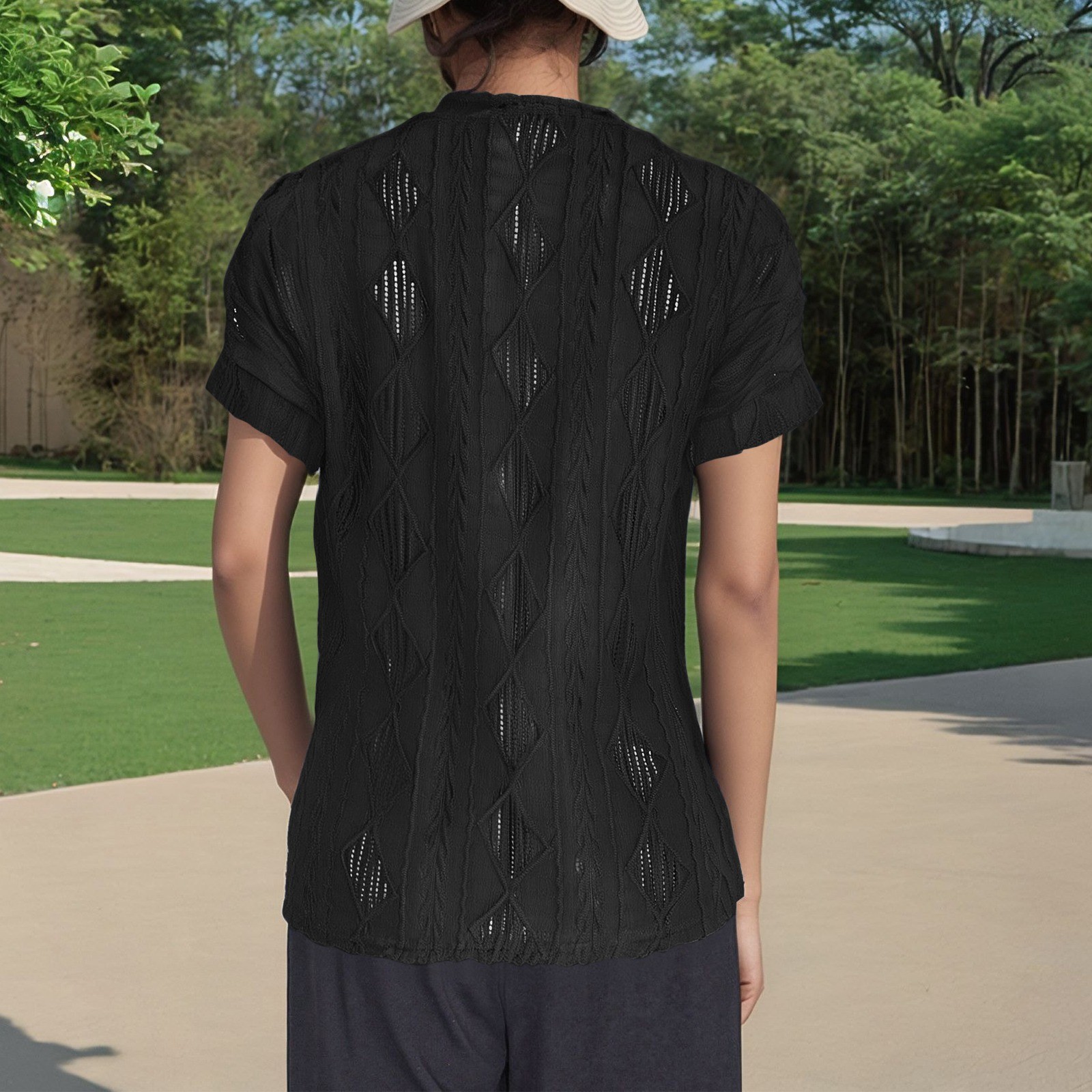 thumbnail image 3 of Camisa de punto jacquard holgada con cuello en V para mujer: manga corta, detalle de cordones, informal de verano, fácil de cuidar, 3 of 7